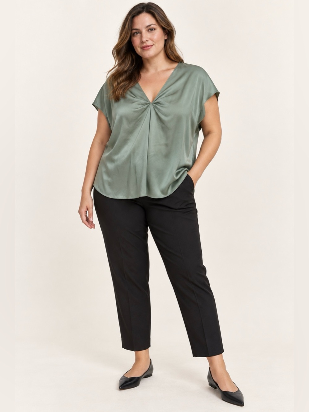 Vince Sage Green Silk Gathered V-Neck Draped Blouse XL